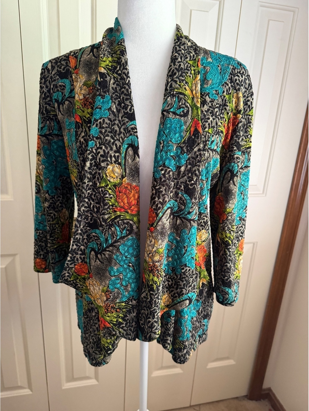 Peck & Peck Womens Small Tapestry Jacket Floral Jacquard Teal Boho Artsy Blazer